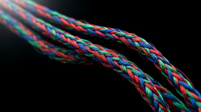Detailed macro photography of braided red, blue and green threads on a deep black background