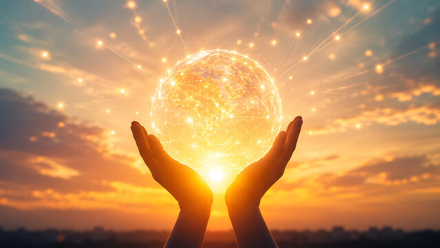 Glowing digital globe held in human hands, global network connection concept, golden sunset sky with digital data lines and light points isolated on White Background ai
