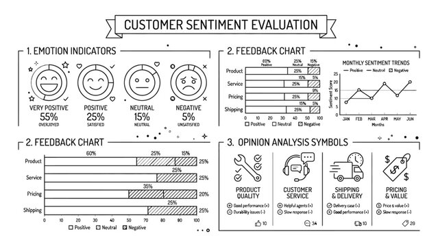 Customer sentiment evaluation doodle infographic showing feedback charts and analysis symbols.