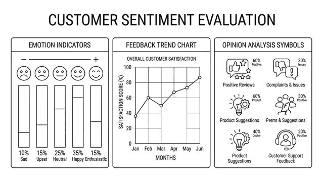 Customer sentiment evaluation infographic with charts and data analysis icons.