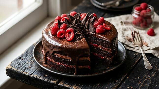 Rich chocolate cake topped with fresh raspberries and dark chocolate shards on a plate