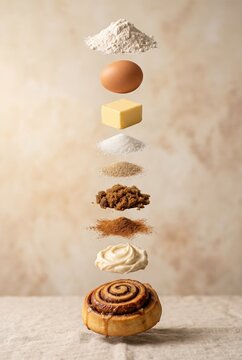 Exploded view of cinnamon roll with floating ingredients flour egg butter sugar yeast cinnamon cream cheese frosting on warm background