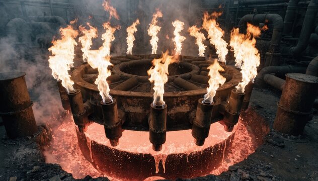 Medium shot of a gasfired anode furnace with bright flames refining molten copper showcasing oxidation and reduction processes before casting thick copper anodes.
