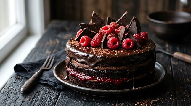Decadent chocolate cake with fresh raspberries and chocolate pieces on rustic surface