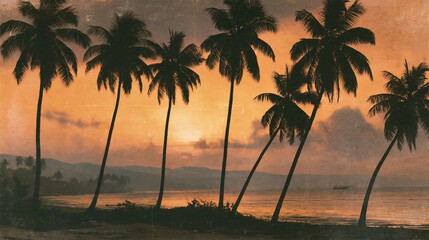 Fototapeta premium Palm trees stood against the sunset on the beach, appearing as dark shapes. It looked like an old photograph.