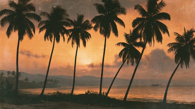 Palm trees stood against the sunset on the beach, appearing as dark shapes. It looked like an old photograph.