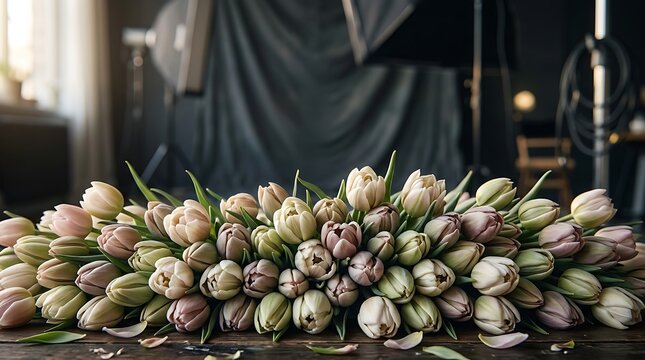 Beautifully arranged pastel tulips on a dark wooden surface in a professional photography studio