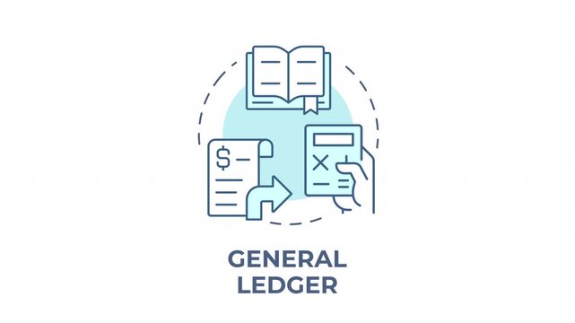 General ledger blue concept icon animation. Modern corporate accounting framework. Business metrics. Financial documentation. Cyan circular animated abstract idea. HD video with alpha channel