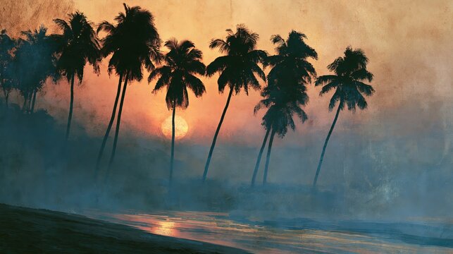 Palm trees stood against the sunset on the beach, appearing as dark shapes. It looked like an old photograph.