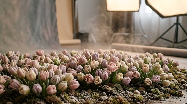 Beautiful pastel tulips arranged in a professional photography studio setting with soft lighting
