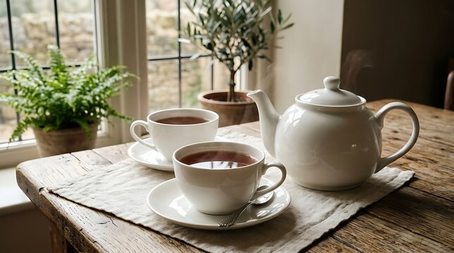 Hot tea served in a white teapot and cups on a rustic wooden table with a small potted olive tree