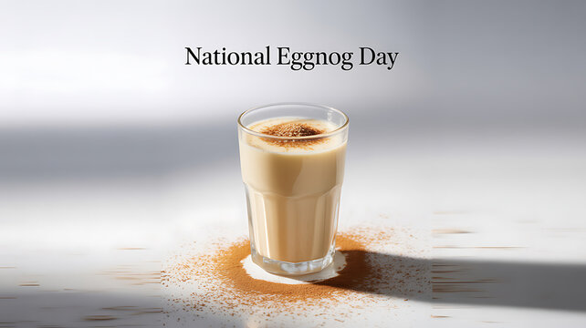 A glass of eggnog topped with cinnamon on a wooden surface, celebrating National Egg nog Day