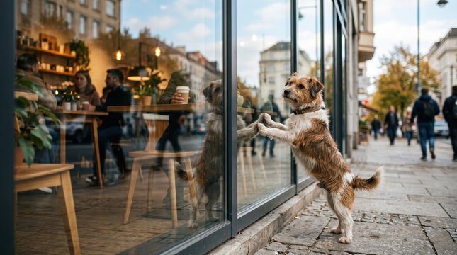 Dog standing on hind legs to look inside a cafe window from the sidewalk. Cute pet waiting for owner outdoors. Urban city street lifestyle and companionship of domestic animal.