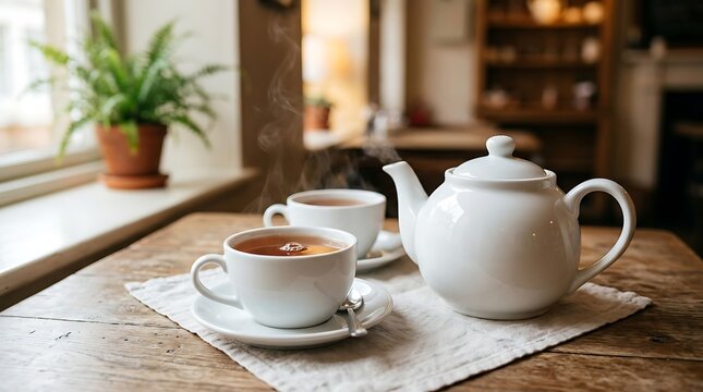 Steaming hot tea served in white cups with a teapot on a rustic wooden table in a cozy room