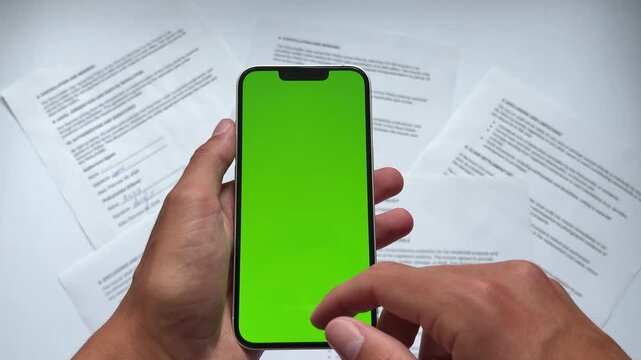 Male hands using a green screen smartphone for secure mobile banking applications against a backdrop of legal documents.