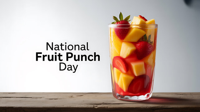A glass of fruit punch with strawberries and pineapple chunks on a wooden surface, celebrating National Fruit Punch Day