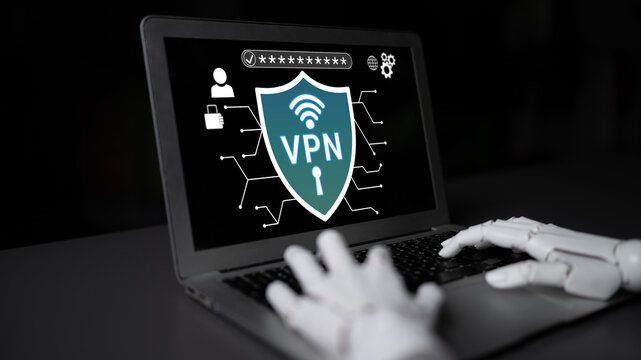 Futuristic Cybersecurity Concept with Robot Hand Using VPN on Laptop to Protect Online Privacy and Secure Data Transmission in Digital World Haptic.