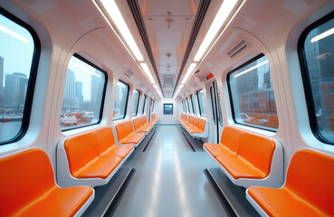 Fototapeta premium Modern train interior with orange seats, large windows showing city skyline. Clean, empty carriage offers comfortable public transit travel experience. Futuristic design highlights innovation in