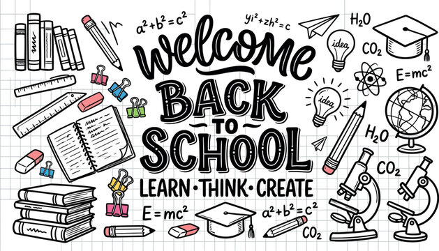 Back to school doodle illustration with educational icons in black silhouette on white background for classroom decor