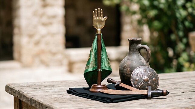 Alam symbol with green flag, clay jug, and decorative sword on wooden table. Traditional religious objects for Ashura commemoration. Symbolic items showing history and remembrance.