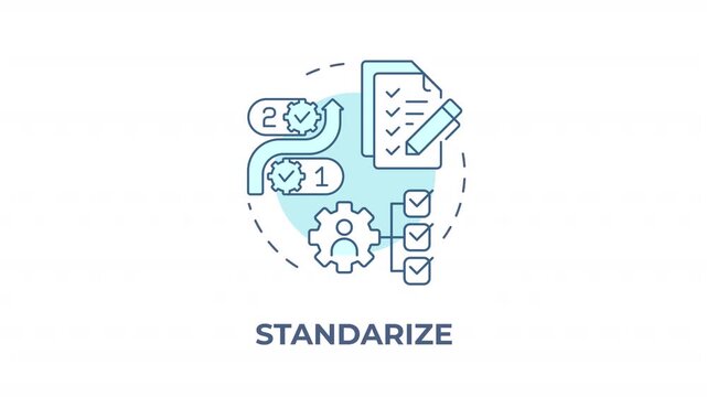 Standarize blue concept icon animation. Optimizing business processes. Operating procedures streamlining. Task management. Cyan circular animated abstract idea. HD video with alpha channel