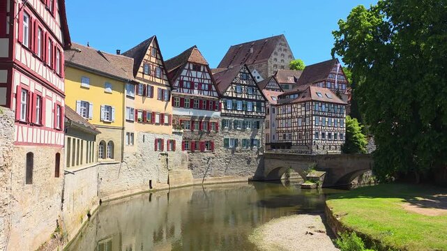 Traditional half timbered river houses and bridge in the Old Town of Schwabisch Hall, Germany