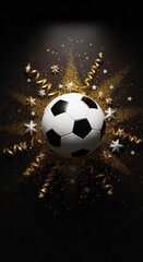Naklejka premium Soccer ball surrounded by golden glitter and festive stars