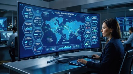 Naklejka premium Blue supply chain dashboard with hexagon icons for professional logistics technology and high-tech business management. This