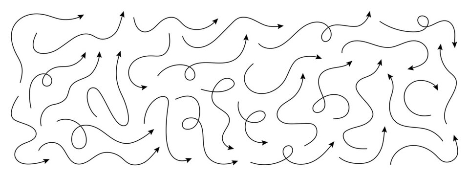 Set of squiggle line dashed arrows. Dash curved vector editable stroke arrows