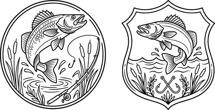 Walleye Fish Jumping and Bass Fishing Emblem Icon Set with Heraldic Shields, Circular Frames, Rods, Crossed Hooks, and Water Wave Splash Elements for Angling Tournament Vector Designs