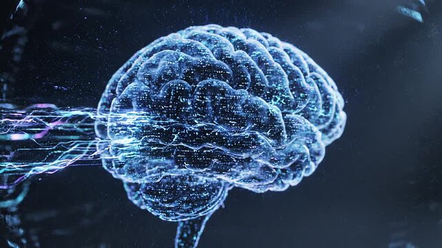 A rotating human brain is surrounded by glowing digital connections and flowing data streams, illustrating neural activity, artificial intelligence and information processing. Suitable for