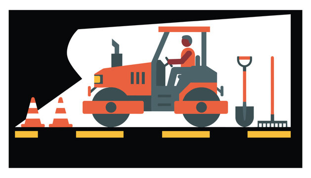 Road construction worker operating a heavy steamroller machine on a freshly paved surface with safety cones and maintenance tools nearby.