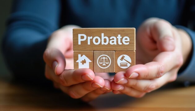 Wooden blocks form word probate with icons for house scales and gavel. Legal process for estate distribution. Inheritance and will administration. Justice and law concepts.