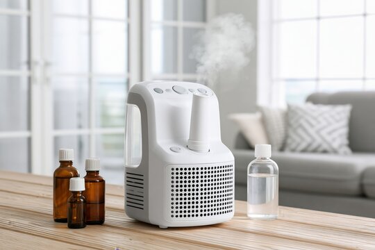 Home medical setup with ultrasonic inhaler device on clean wooden table, essential oils and saline solution nearby, bright hygienic interior, modern wellness healthcare aesthetic