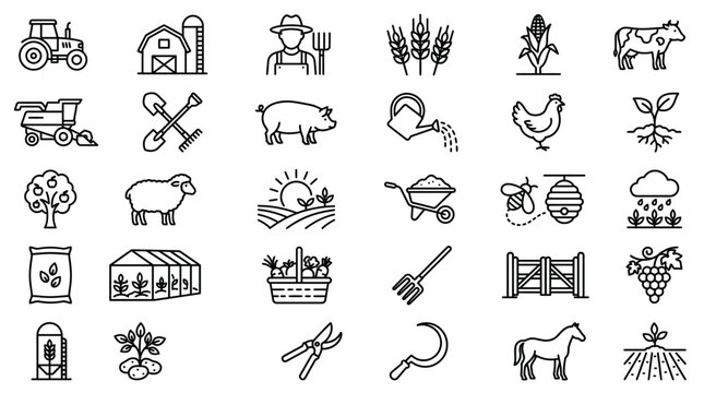 Farm icons showcase various rural agricultural tools and animals inside a barn