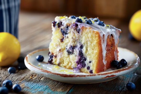 Blueberry lemon cake slice with sweet glaze on wood