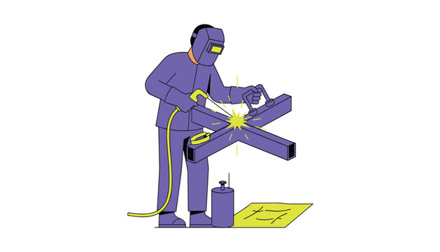 Professional welder uses protective equipment to fuse metal beams together with sparks flying during an industrial metal fabrication process in a workshop.