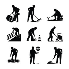 Naklejka premium Black silhouettes of workers doing road construction and maintenance jobs various tasks