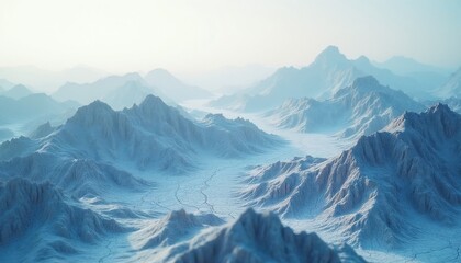 Fototapeta premium Frozen mountain range with icy peaks and valleys. Cracked dry ground visible in the distance. Cold blue and white color palette. Vast, empty arctic landscape.