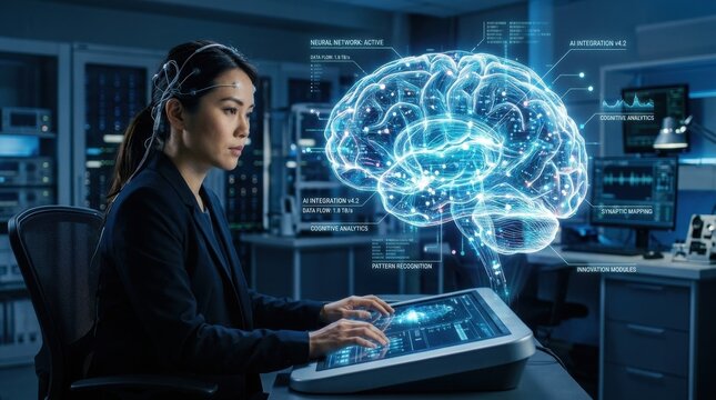 Digital brain network interface with ai technology data neural innovation. Cyber blue interface mind analytics science smart