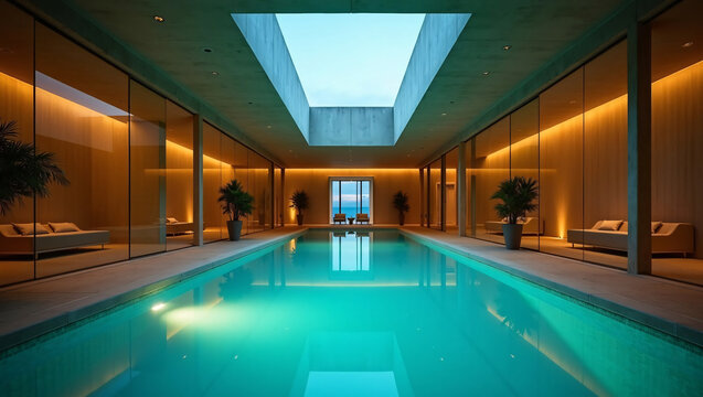 Minimalist indoor pool with skylight, ocean view and symmetric lounge zones
