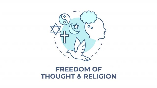Freedom of thought and religion blue concept icon animation. Global human rights advocacy. Inclusive diversity mindset. Cyan circular animated abstract idea. HD video with alpha channel