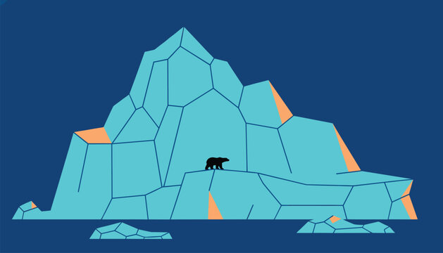 Solitary polar bear walks across a fractured geometric iceberg floating in the dark blue arctic ocean under the calm sky.