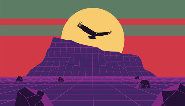 Majestic eagle flying over a dark wireframe mountain range set against a vibrant retro sunset background in a stylish digital illustration.