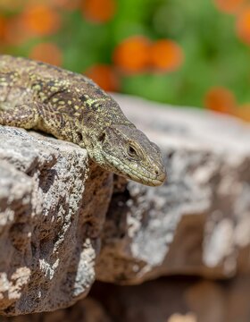 Close-up of a green lizard camouflaged among rocks.