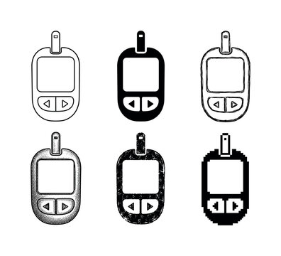 Collection of diverse glucose meter icons in various artistic styles
