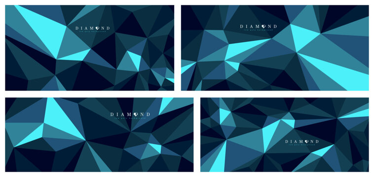 Diamond crystal dark polygonal vector abstract background set, 3D low poly black blue abstraction, triangular structure gemstone wallpaper, luxury theme.