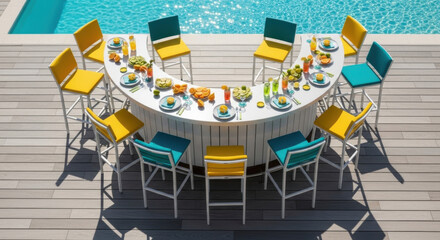 Obraz premium Vibrant Outdoor Bar Setup Near Pool With Refreshing Drinks And Snacks
