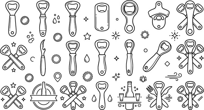 Bottle Opener and Cap Lifter Tool Icon Set with Beer Bottles, Openers, and Emblems for Bar Branding, Restaurant Menus, Pub Signs, and Kitchenware Vector Designs