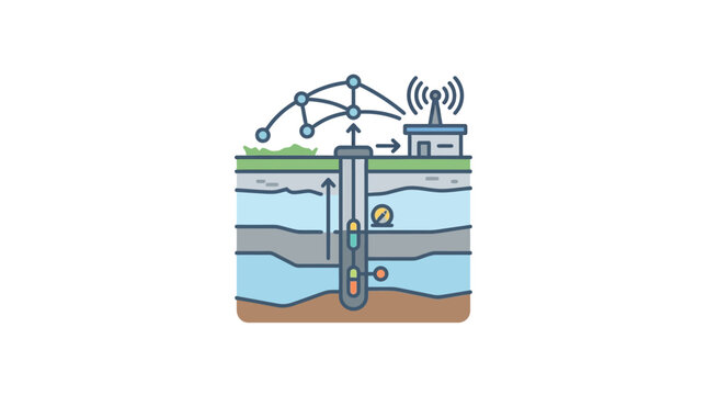 A cross section illustration of a groundwater monitoring well connected to a wireless data network.